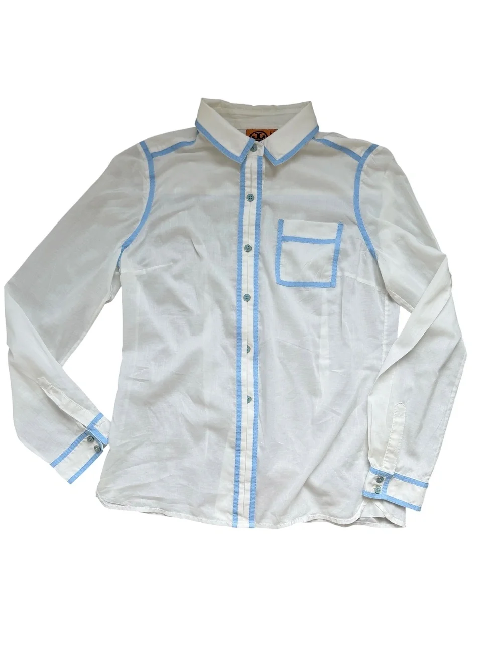 Tory Burch White Button-Up Shirt | Light Blue Trim Size 8